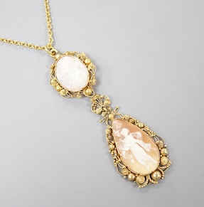 A 9ct and cameo shell set drop pendant necklace, 70cm, gross weight 10.9 grams.